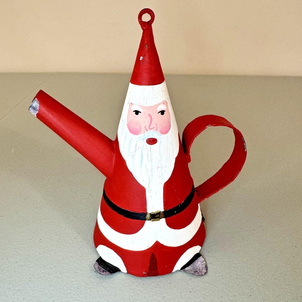 Vintage Department 56 Santa Tea Pot Oil Can Christmas Ornament Painted Metal 5"
